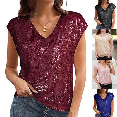 Women's Summer New Raglan Sleeve Sequined Slim-fit V-neck Solid Color Blouse Loose Casual Comfortable Short-sleeved T-shirt