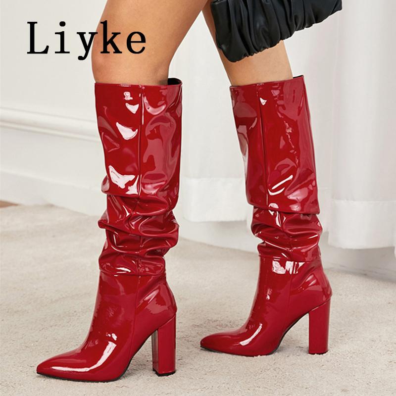 Fashion Liyke 2025 Autumn Winter Pleated Patent Leather Knee High Boots Female Pointed Toe Slip On Motorcycle Shoes Women Square Heels