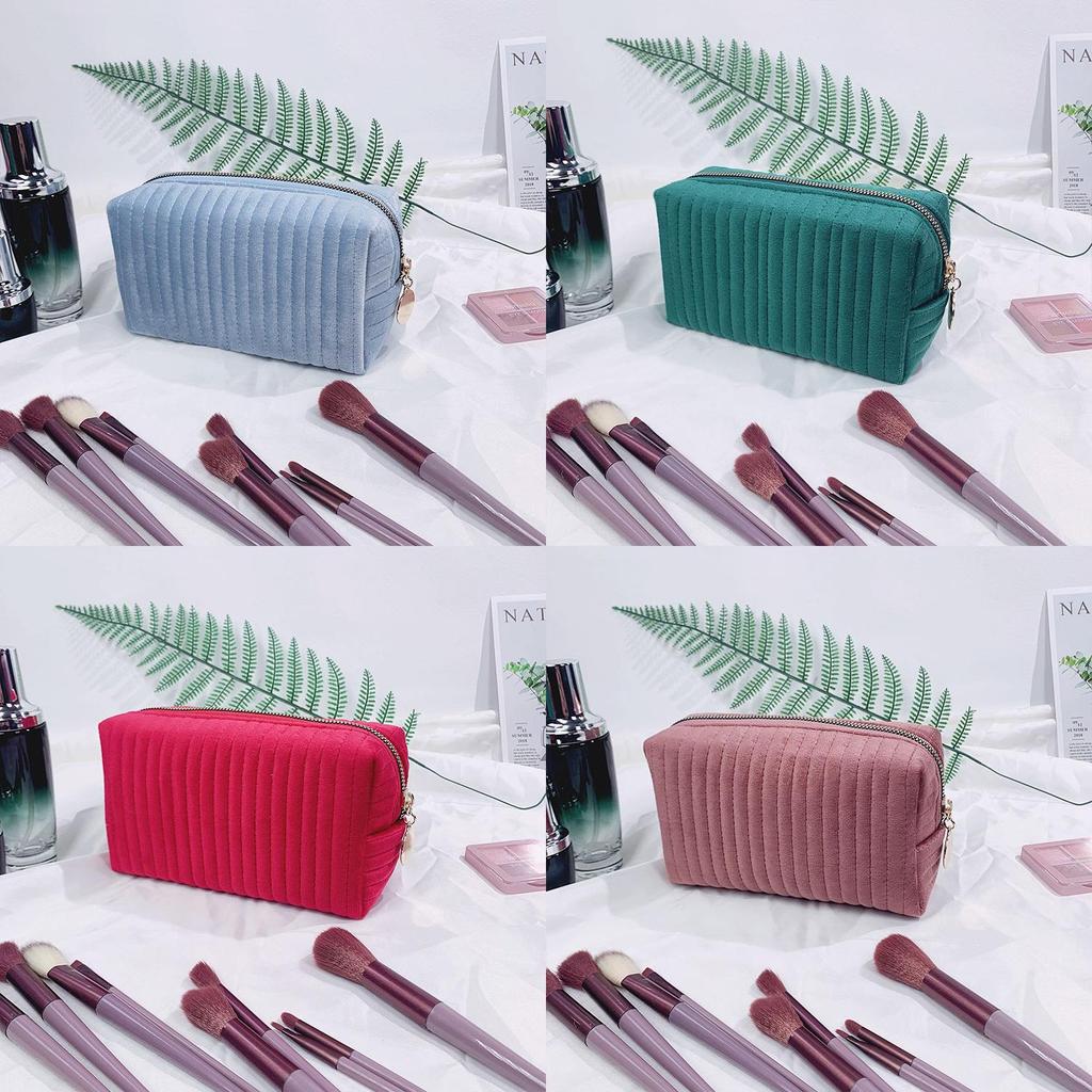 Borsa da Trucco a Strisce in Velluto Peluche con Cerniera per Viaggio e Uso Quotidiano Donna