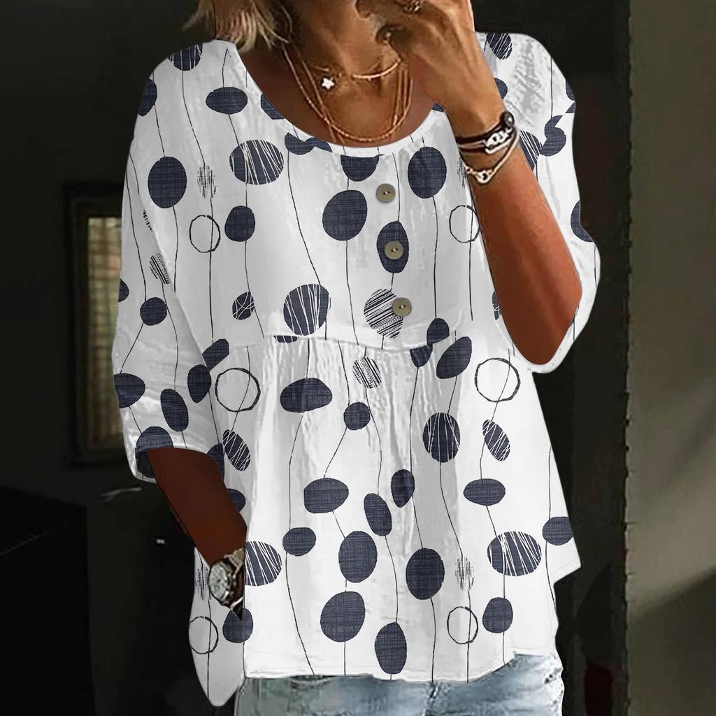 Women's Fashion Casual Three-quarter Sleeve Loose Round Neck Button Floral Print Top
