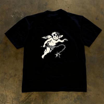 Anioł z młotem Nadruk Graficzny Jesień Czysta Bawełna Męski i Damski T-shirt z Krótkim Rękawem Trend Odzież Uliczna