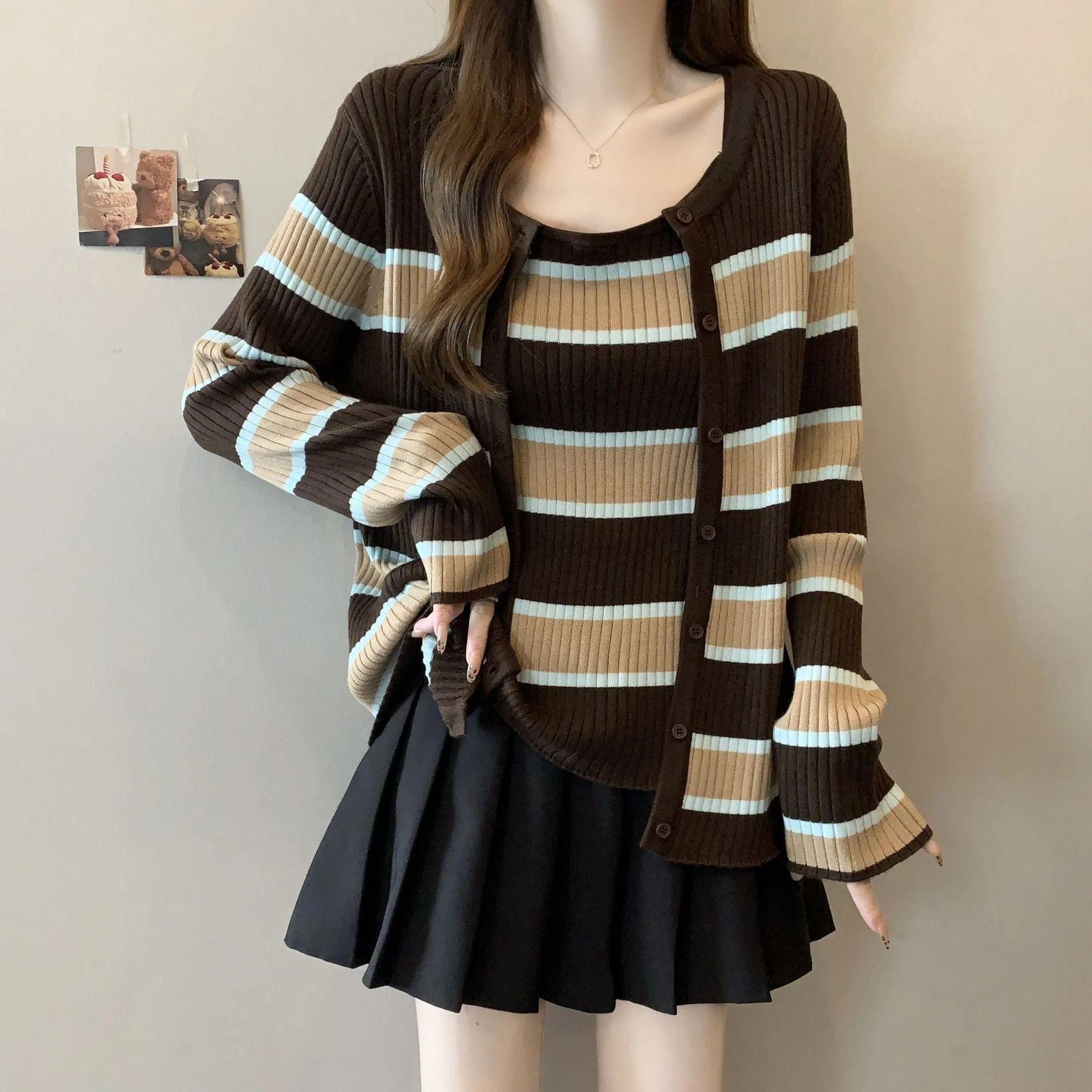 Женский весенний полосатый кардиган и топ-майка большого размера, комплект из двух предметов XL [60-70 kg] кофейный