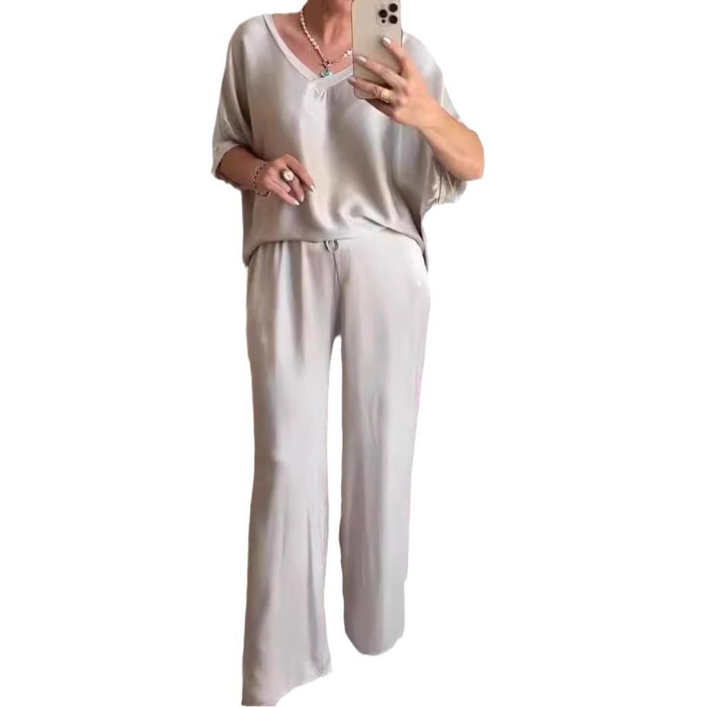 2024 European American Summer Style V-neck Silk Casual Women's Suit