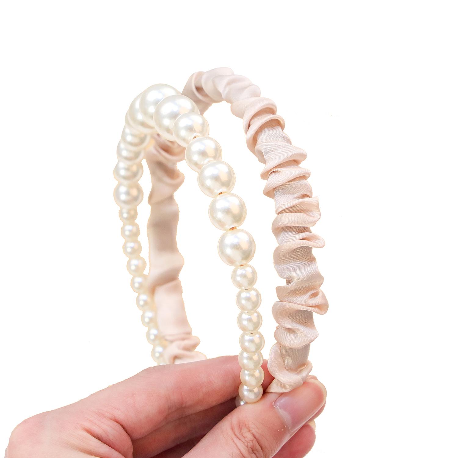 

2 шт. Женские повязки на голову с жемчугом, Девичьи атласные повязки для волос, Милые повязки на голову с жемчугом, Детские головные уборы, Модный набор аксессуаров для волос