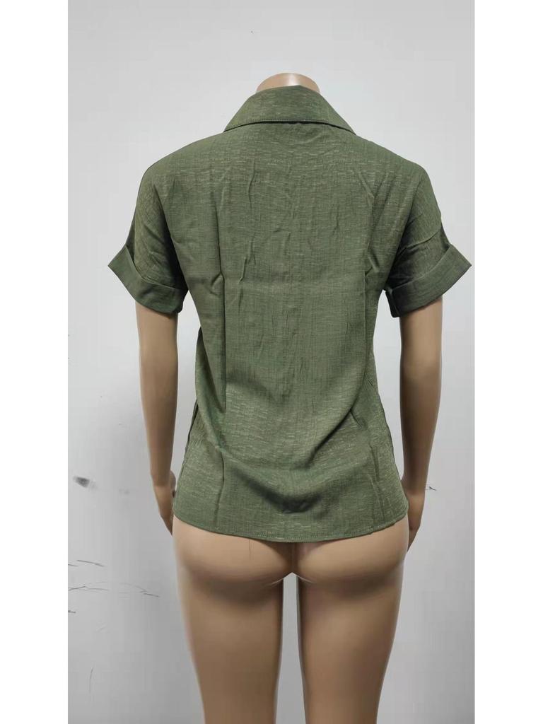 2025 Spring/Summer Women's Chiffon Pocket Button Short Sleeve Shirt - European and American Style Hot Item