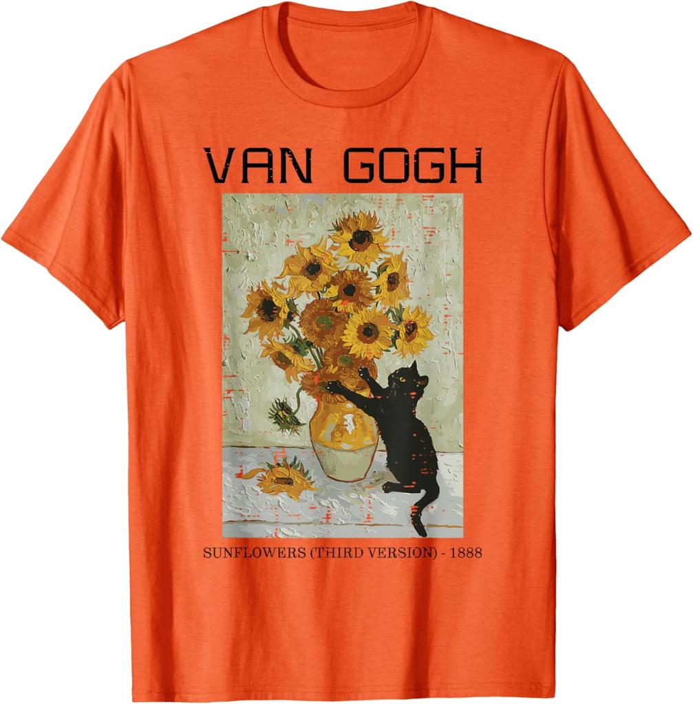 Van Gogh Sunflowers Cat Black Cat Art Graphic Tee Casual Short Sleeve TShirt for Men Women