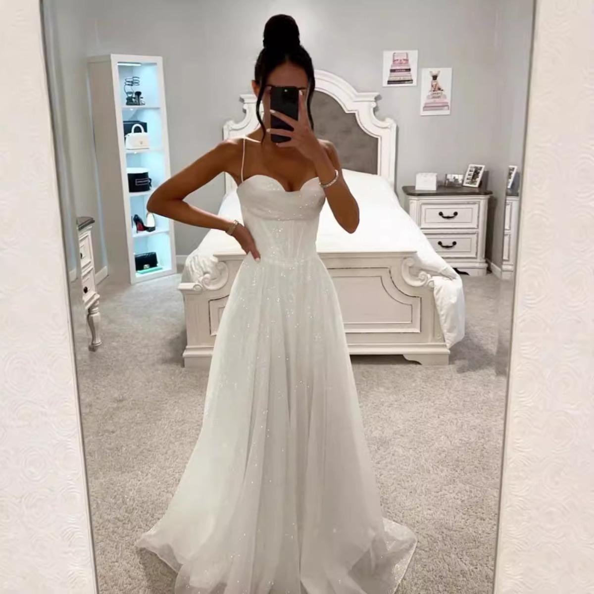 Women s Spaghetti Strap Sleeveless Maxi Dress A-Line Mid Rise Glitter Tulle Wedding Evening Sundress S белый