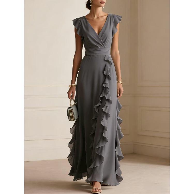 Women V Neck Sleeveless Ruffle Side Slit Maxi Dress Solid Beige