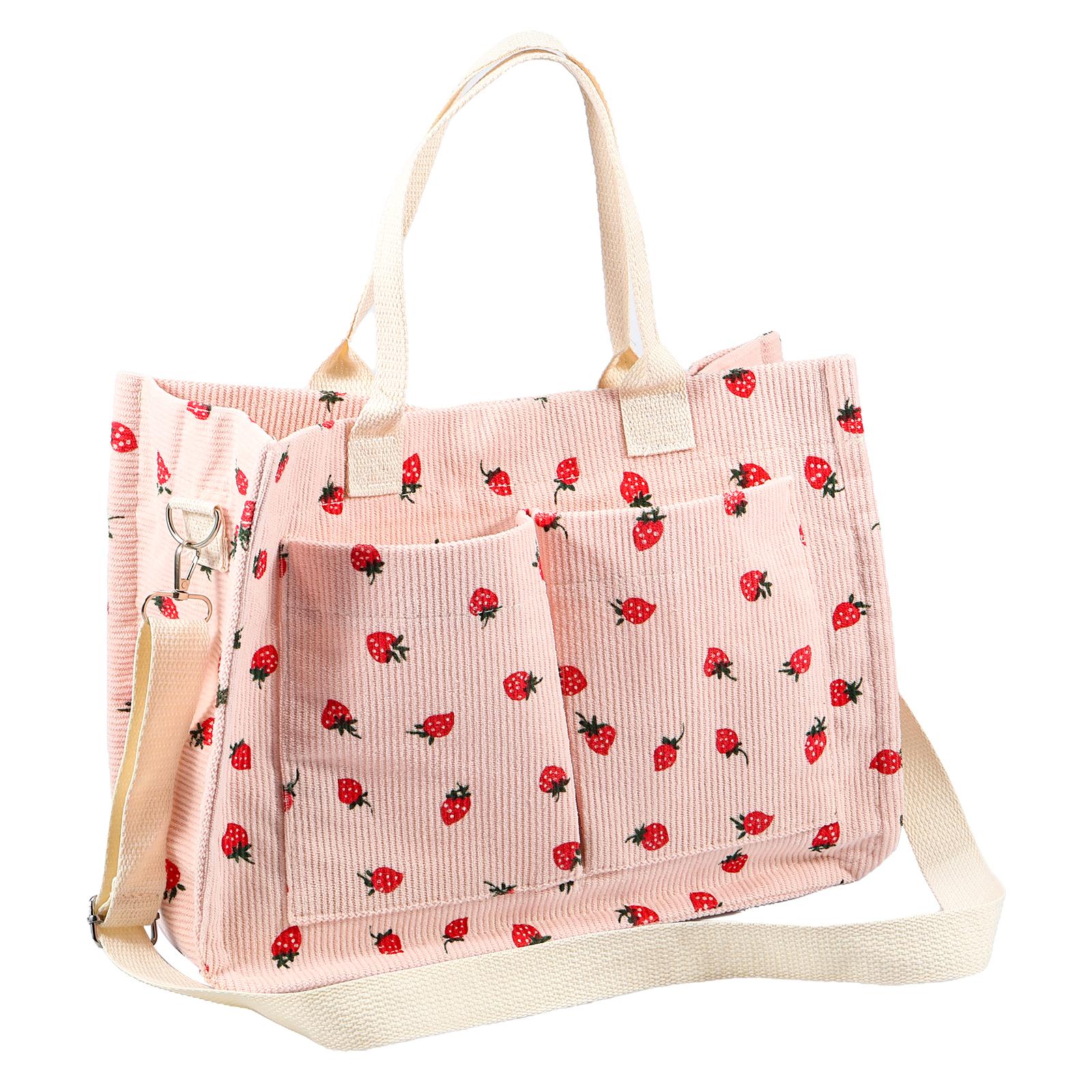 Милые женские сумки-тоут с нашивками в виде клубники тканевые большого объема с регулируемыми плечевыми ремнями для повседневного использования и путешествий розовый 2390₽