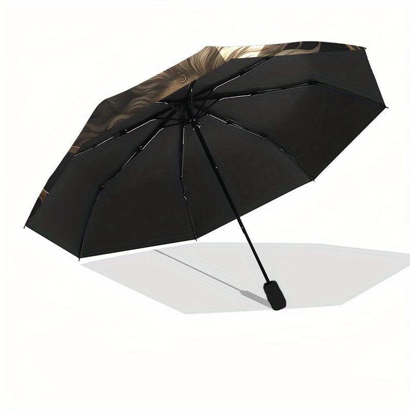 Regal Lion Portrait Wall Art Decor Umbrella, Cute Umbrella with Cute Design, Portable 3-Fold Compact Umbrella for Men & Women, Valentine's Day Mother'