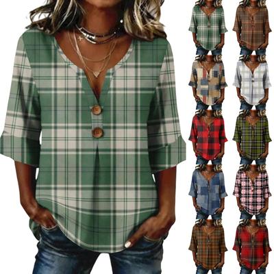 Top casual de mujer a cuadros con botones, cuello en V, moderno, manga de tres cuartos