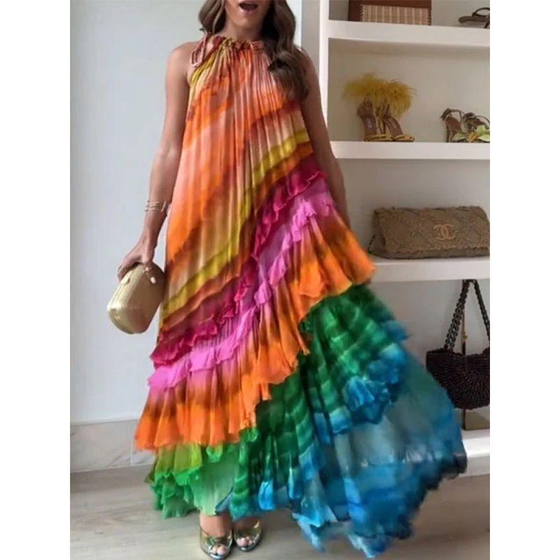2025 Cross-Border Halterneck Fashion Printed Sexy off-the-Shoulder Puffy Cake Ruffles Large Swing Dress Female Dress