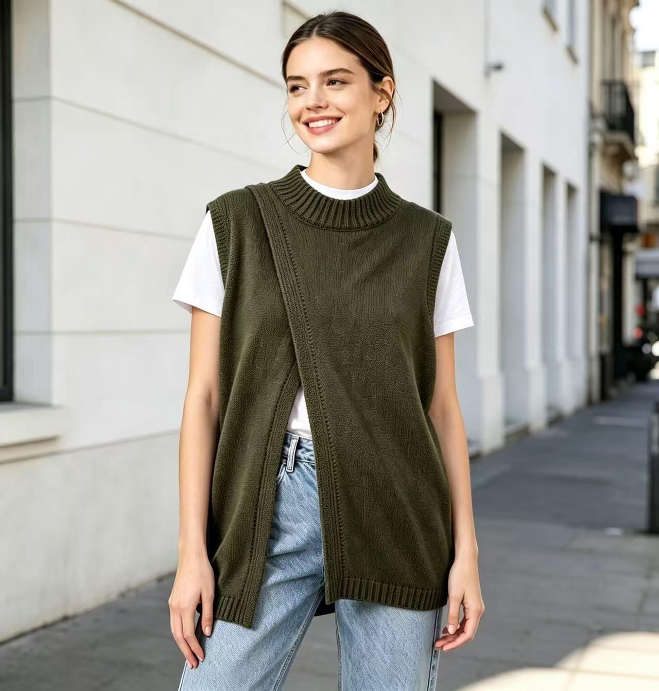 Damen Modischer Ärmelloser Strickweste Pullover mit Seitenschlitz Layering Top M grün