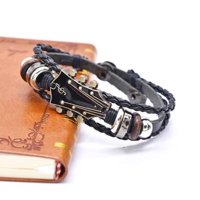 2/3 Pcs Punk Guitar Bracelet Retro Faux Leather Zinc Alloy Rock Music Bracelet Handmade Braided Multi-Layer Wrap Bracelet for Men