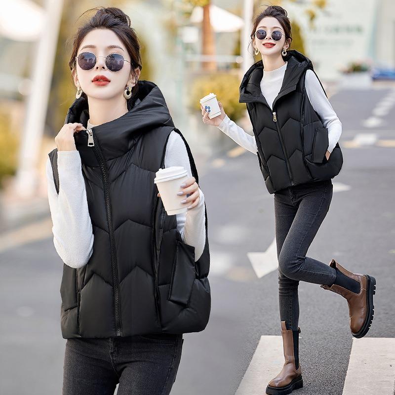 Autumn and Winter New Temperament Hooded Cotton Vest Women's Cold and Warm Short Vest Cotton Vest Slim Jacket