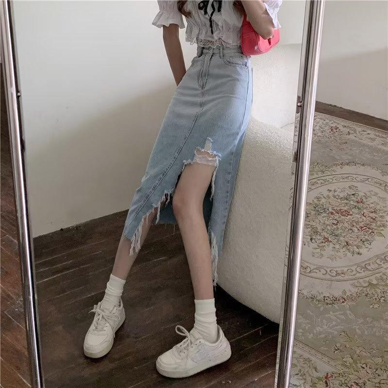 Revet Ujevn Denimskjørt for Kvinner Retro Sliss Midilengde Skjørt Høy Midje Stor Størrelse Dameklær Street Style