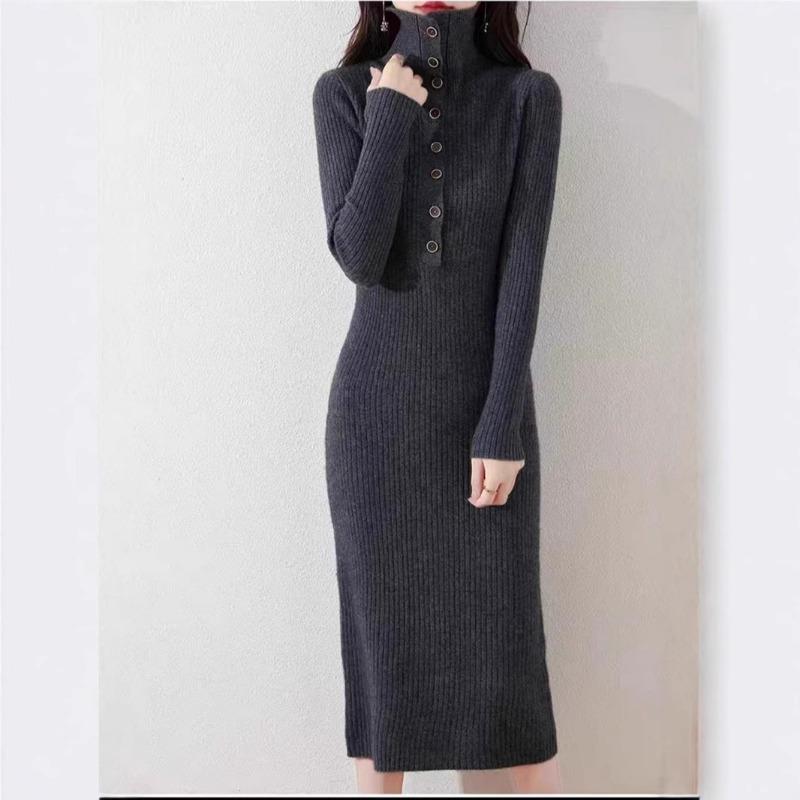 

Новое осенне-зимнее трикотажное платье с лацканами на нескольких пуговицах, женственный темперамент, облегающее, для ношения внутри с базовой юбкой-свитером средней длины One Size темно-серого