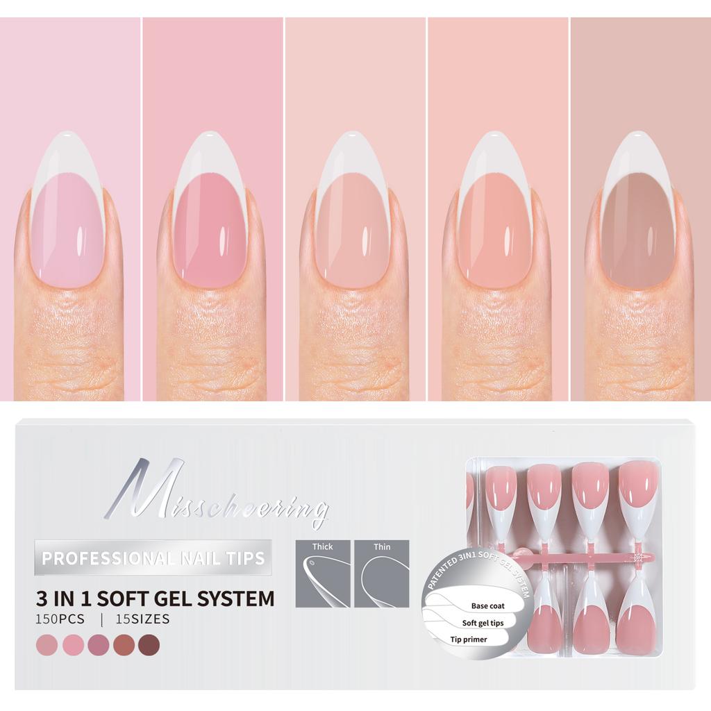 150PCS Coffin Almond Soft Gel Press on Nails 3 in 1 French Nail Tips Removeable 15 Sizes of Nail Art With Design DIY False Nails