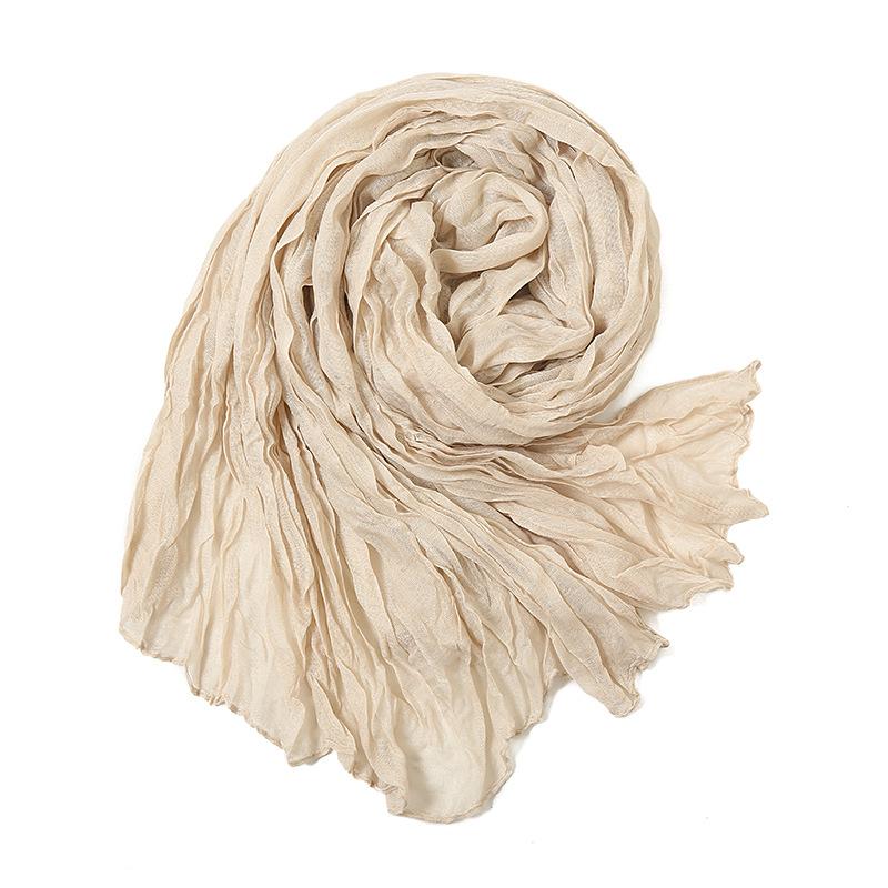 Solid Color Crinkle Cotton Linen Scarf New Warm Silk Pleated Green Retro Thin Long Strip Shawl Men And Women'S