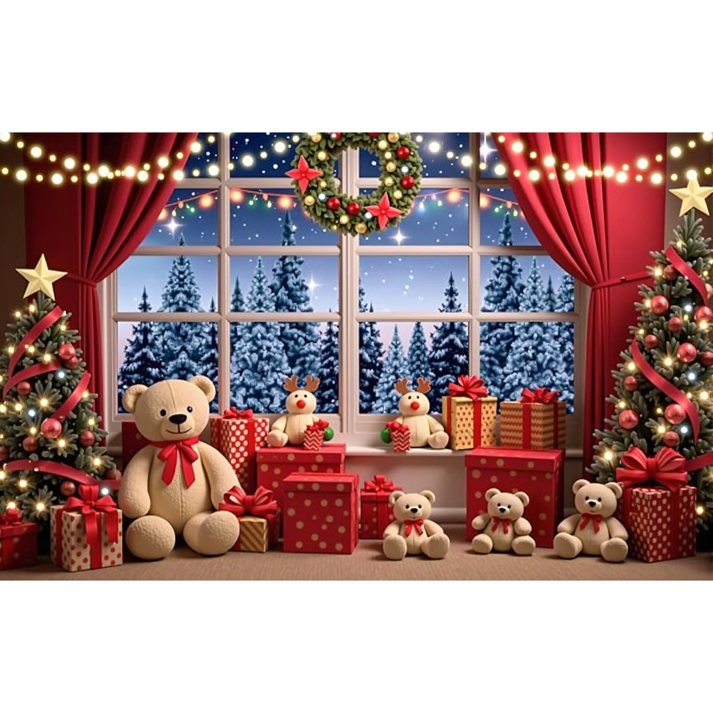 

Рождественские окна с медведями и подарками, фоны с красными занавесками, звездное небо, детская семейная фотография, детская фотосессия, рождественские настенные фоны