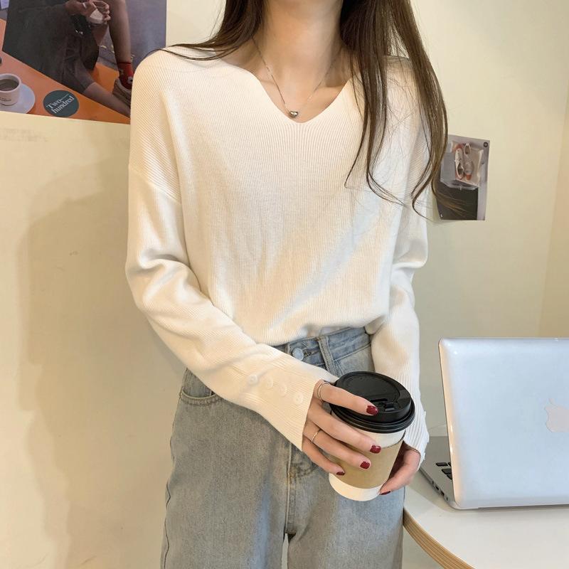 Ladies Autumn Winter Long Sleeve V Neck Slim Fit Basic Solid Color Pullover Knitted T Shirt Top for Layering