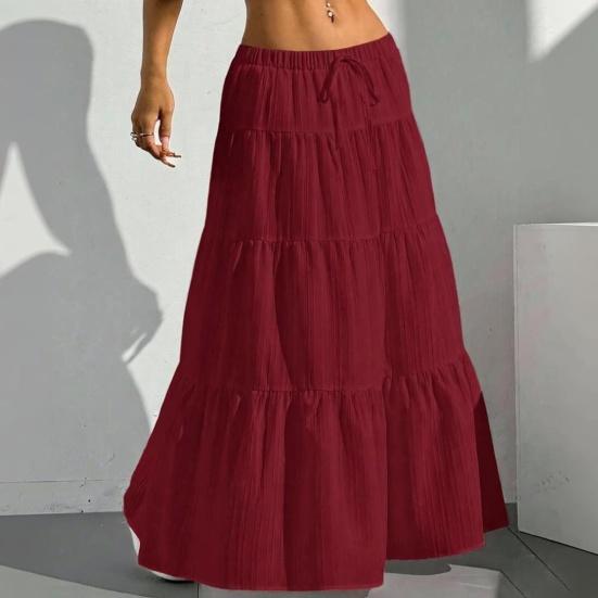 Women Long Skirt Spring Summer Middle Waist A Line Flowy Swing Skirt Breathable Solid Color Elastic Waist Drawstring Pleated Casual Skirt