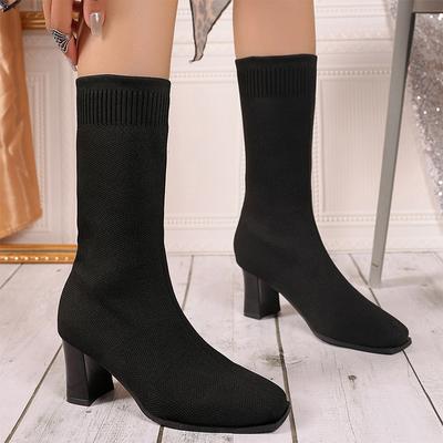 Knitting High Heels Sock Boots Women Shoes Weave Winter Fashion Chelsea Boots Mid Calf  New Brand Pumps Snow Botas Mujer