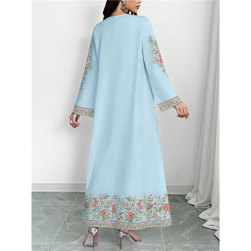 Women Floral Print Maxi Dress V‑Neck Long Sleeve Loose Casual Abaya Muslim Long Party Dress