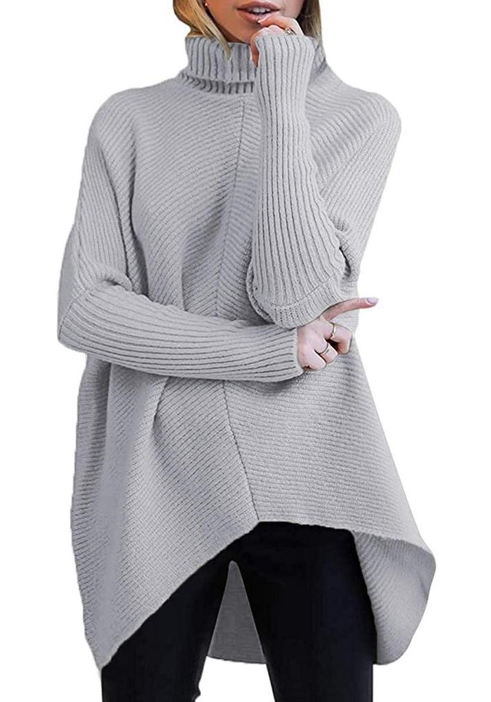 Women's Irregular Hem High Neck Pullover Long Sleeve Knit Sweater