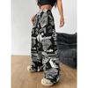 Pantaloni Larghi da Donna a Vita Media con Coulisse, Stampa Graffiti Hip Hop, Pantaloni Casual Larghi con Tasche Laterali