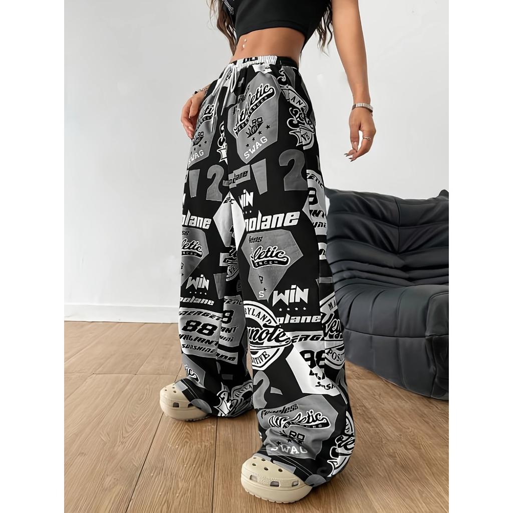Pantaloni Larghi da Donna a Vita Media con Coulisse, Stampa Graffiti Hip Hop, Pantaloni Casual Larghi con Tasche Laterali