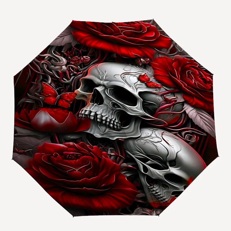Skull Roses Themed Automatic Opening and Closing Umbrella, Brightly Colored 8 rib Portable Umbrella, Suitable for Men and Women, A Perfect G