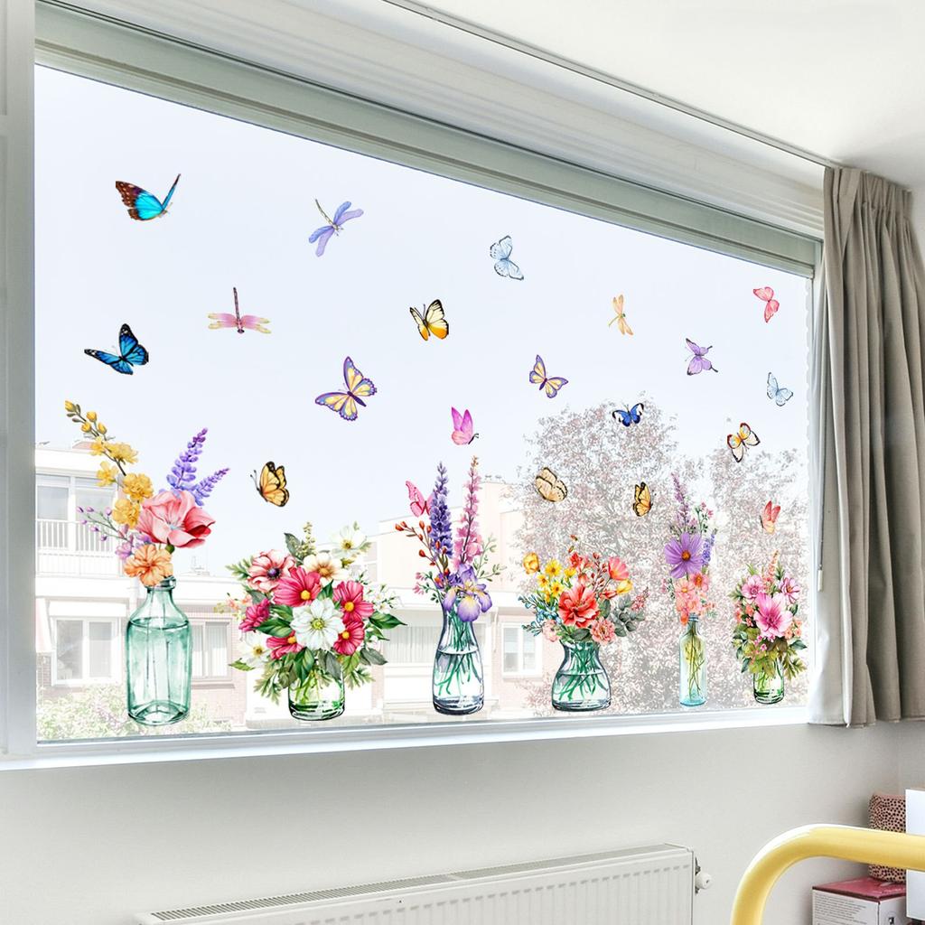 Window Sticker Static Cling with Multicolor Floral Butterfly Design Suitable for Living Room For Bedroom Kitchen