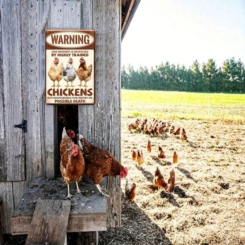 Funny Chicken Warning Metal Poster, Vintage Farmhouse Rustic Iron Wall Art Cartoon