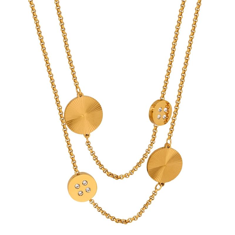 Showfay Stainless Steel Necklace Sweater Chain Gold-plated Zircon Inlaid Circular Pendant Necklace 49.2inches золотой