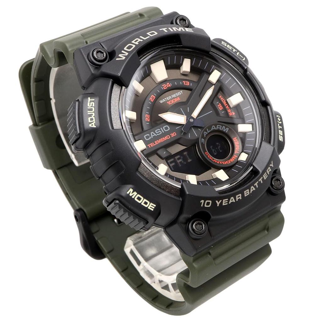 Casio AEQ-110W-3AV Men's World Time Analog-Digi Quartz Watch with Black Inverted LCD and Military Green Display (Imported)