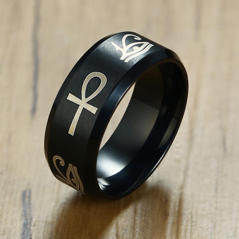 Egyptische Heren Ankh Ring Roestvrij Staal Zwarte Kleur Oog van Horus Mode Trouwring Sleutel van het Leven Ringen Verjaardagsfeest Cadeaus