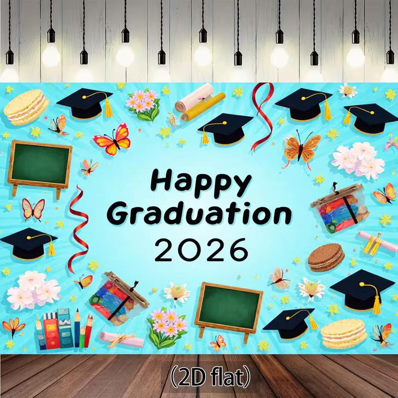 

2D Cute Graduation 2026 Banner, Light Blue with Butterflies and Macarons 47.2x31.5inch/120*80cm