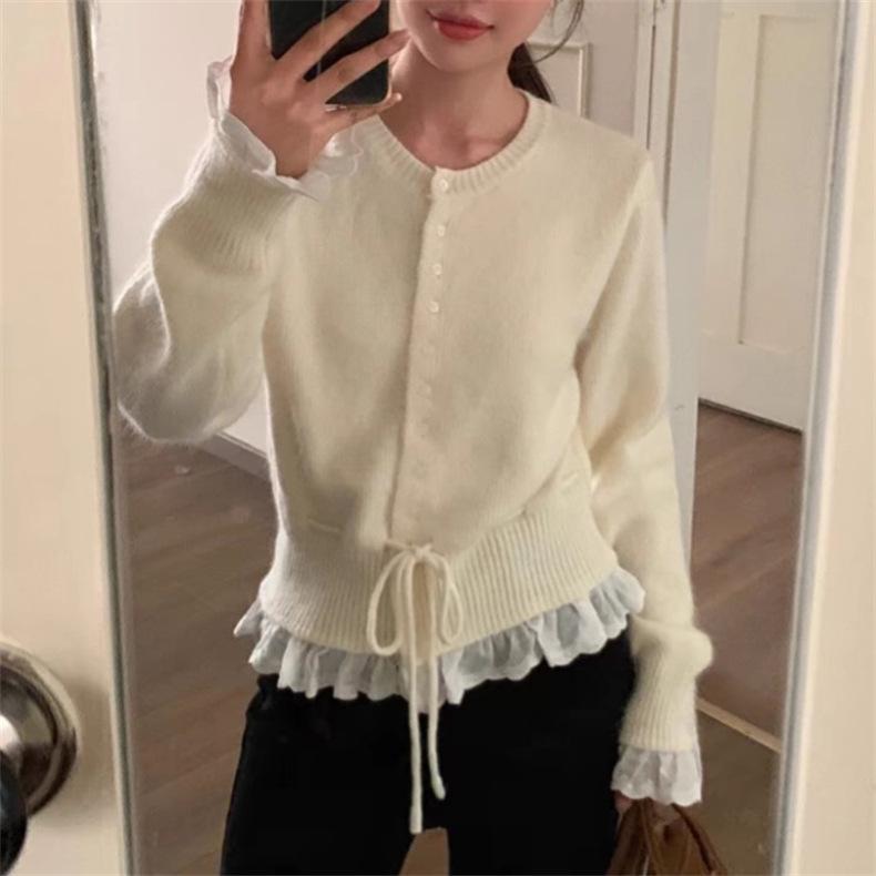 Spring Autumn Mesh Splicing Fake Two Pieces Knitted Sweater Short Cardigan Jacket Loose Crew Neck Korean Casual Sweaters Women