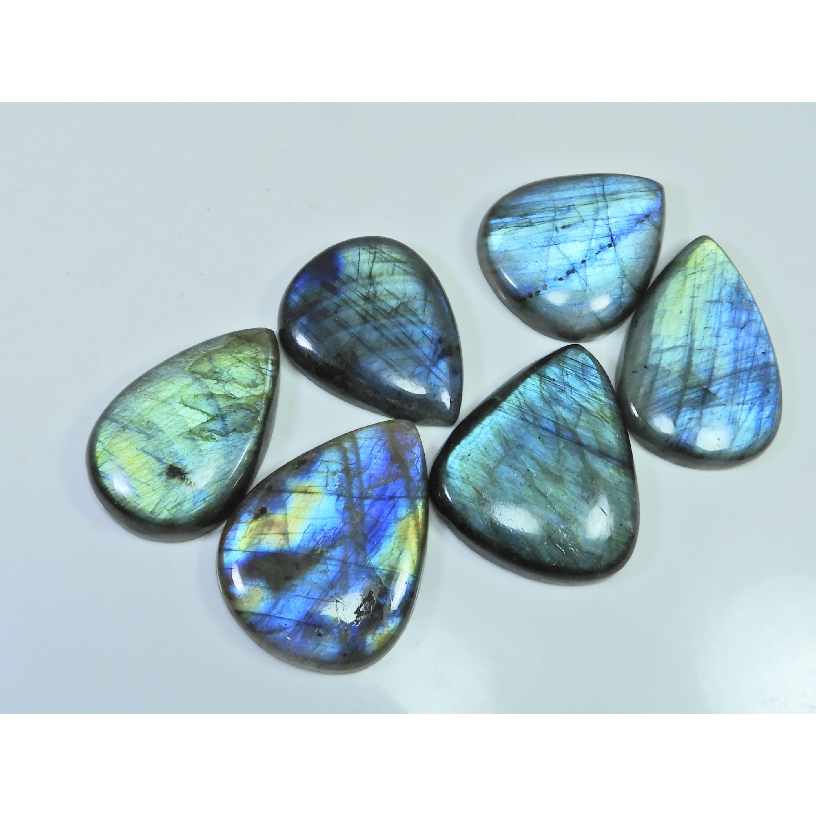 Natural Labradorite Green Multi Fire Pear Cabochon Loose Gemstone 06Pcs Lot LL-1108