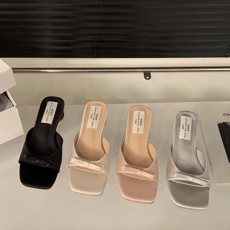 Thick heel pink French cool slippers fairy shoes outer wear 2025 new summer with skirt bow sandals
