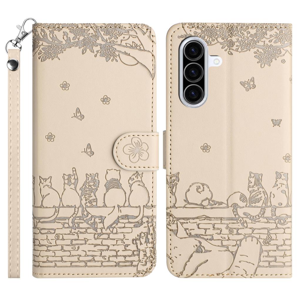 For Samsung Galaxy A57 5G Case with Wrist Strap Leather Phone Cover Wall Cats Pattern