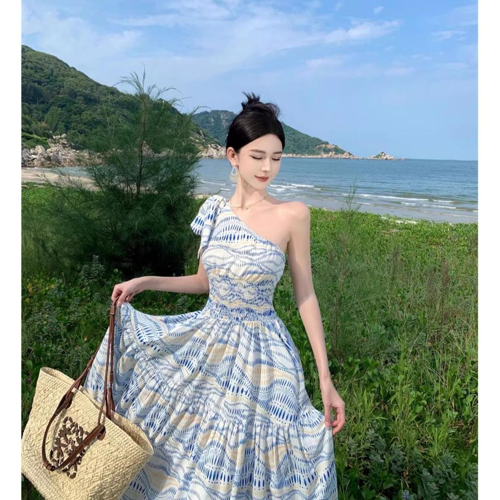 Thailand Travel Photo Cross-shoulder Dress, Niche Design, Elegant Waist-cinching Dress, Vacation Beach Maxi Dress