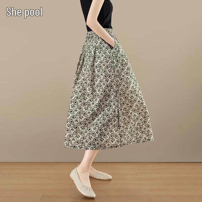 Women s Elegant Floral Print High-Waist A-Line Midi Skirt One Size