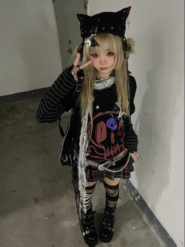 Autumn Aesthetic Punk Printed Long Sleeved Tops Women Harajuku Rock Y2k Fake Two Piece T-shirt Japanese Fashion Loose Casual Clothes