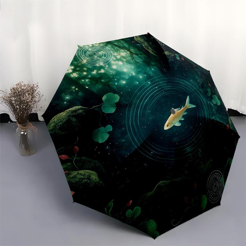 Enchanted Forest Pond Fish Decorative Wall ArtUmbrella, Portable 3-Fold Compact Umbrella for Men & Women Gift