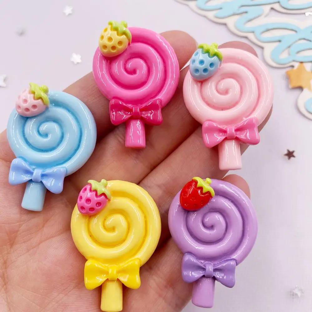 Painted Colorful Resin Strawberry lollipop Lollipop Flatback Cabochon Stone Figurines 10pcs DIY Bow Accessories Scrapbook Crafts