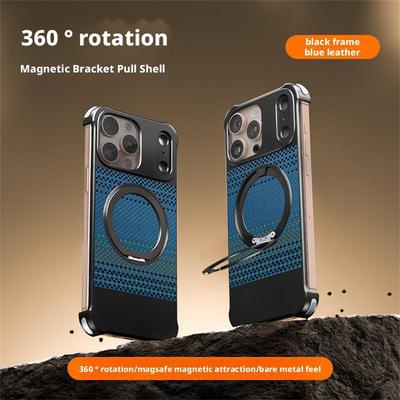 Für iPhone 15 Pro Max Magnetische Hülle Randlose Kohlefasertextur PU Metall Handyhülle mit Ständer