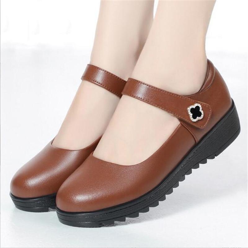 Fashion Women's Wedge Shoes Women Ankle Strap Casual Flat Shoes Woman Work Office Pumps Comfort Genuine Leather Shallow Mouth Mom Shoes