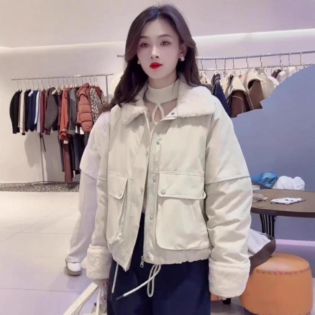 Women's 2024 Winter Korean-Style Lambswool Collar Fleece-Lined Jacket - Casual, Loose, Slimming Parka Top